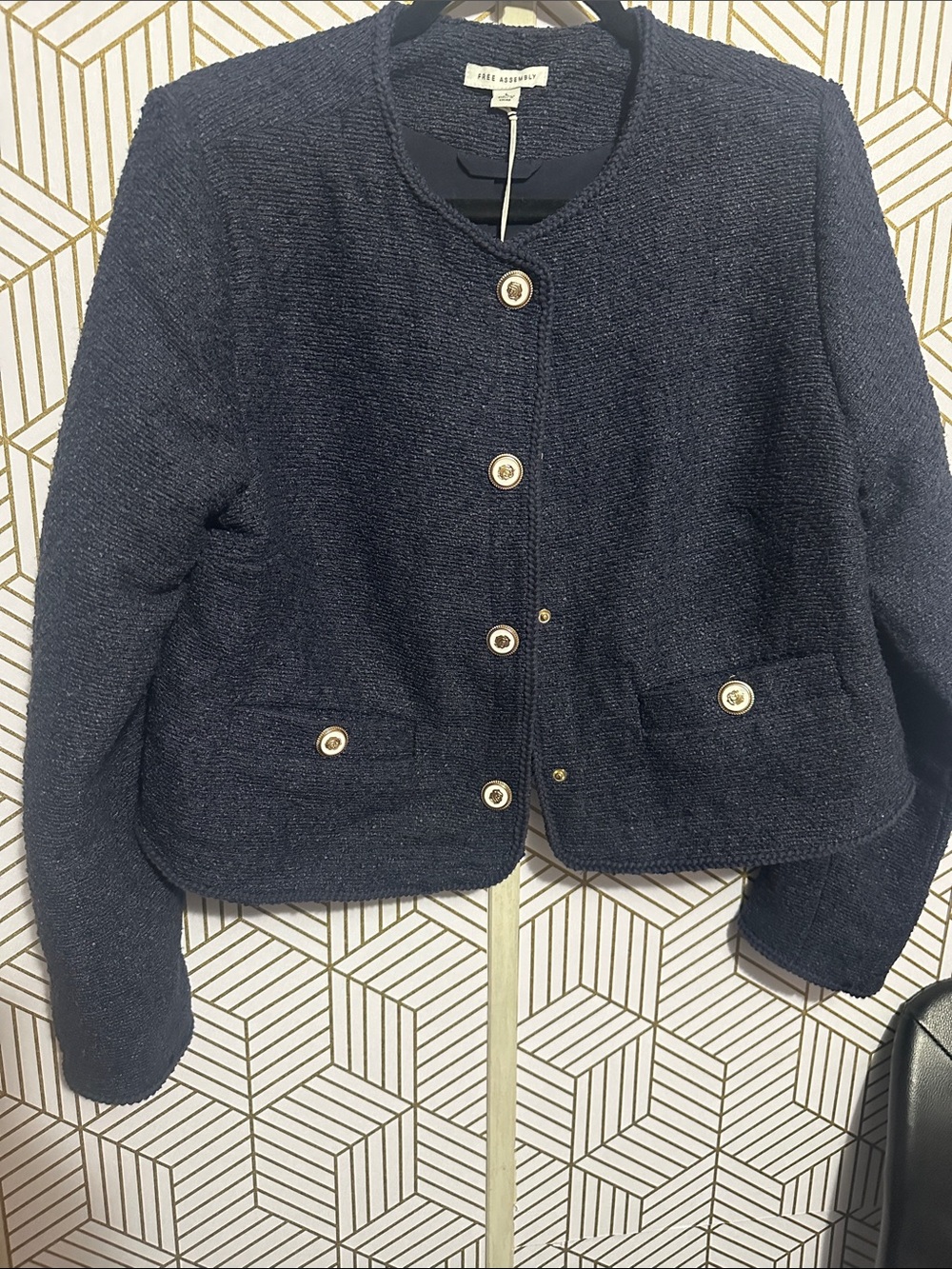 Navy Tweed Button-Front Cropped Blazer, NWT